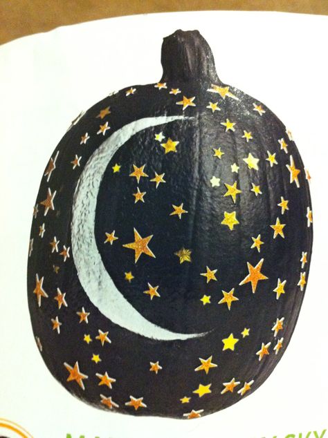 Painted pumpkin, moon and stars Galaxy Painted Pumpkin, Starry Night Pumpkin Painting, Pumpkin Carving Stars And Moon, Celestial Painted Pumpkins, Moon And Stars Carved Pumpkin, Moon Pumpkin, Painted Moon, Pumpkin Moon, Diy Pumpkins