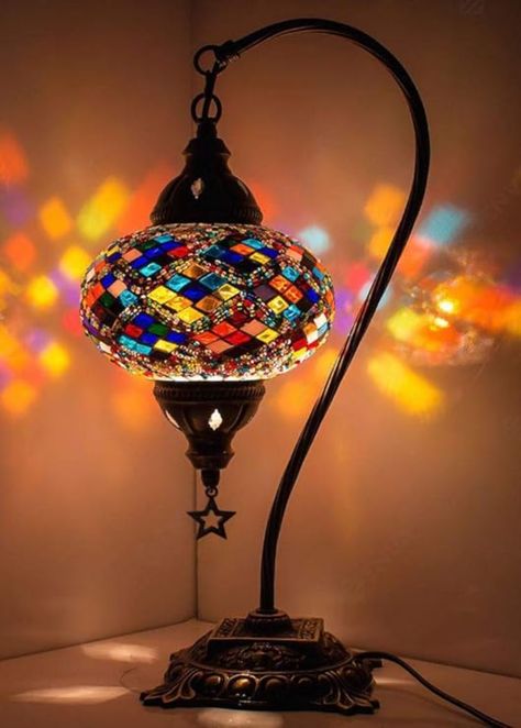 Comes with UK Plug for UK & EU Plug for EU. Turkish Moroccan Mosaic Swan Neck Table Lamp. 100% Handmade in Turkey. Height : 40 cm Shade Diameter : 16cm. Antique Brass Color Metal Body. On/Off Switch. Requires E14 Candelebra/Chandelier LED Bulb. (Not Included) Change the Atmosphere of Your Place & Mesmerize Yourself and Your Guests with This Handmade Conversation Piece. A Great Unique Gift, too. Bedside Lights Lamps, Handmade Desks, Stained Glass Lamp, Turkish Mosaic Lamp, Deco Luminaire, Turkish Lamps, Mosaic Lamp, Moroccan Lamp, Swan Neck