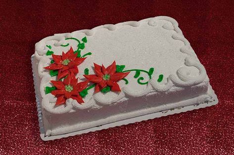 Icing Poinsettias Cake Design | Resch's Bakery, Columbus Ohio Christmas Sheet Cake Designs, Christmas Sheet Cake, Christmas Desserts Cakes, Holiday Desserts Christmas, Sheet Cake Designs, Desserts Christmas, Xmas Cake, Christmas Cakes, Cupcake Frosting