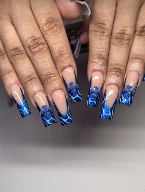 Crip Blue Nails Acrylic, Short Square Blue Nails, Medium Blue Nails, Blue Baddie Nails, Blue Y2k Nails, Blue Short Acrylic Nails, Navy Blue Nails Acrylic, Black And Blue Nails, Prom 2k24