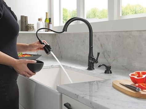 #ad Delta Kitchen Faucets, Minimalistic Kitchen, Kitchen Faucet With Soap Dispenser, Delta Kitchen Faucet, Brushed Nickel Kitchen Faucet, Quartz Sink, Brushed Nickel Kitchen, Retractable Hose, Black Kitchen Faucets