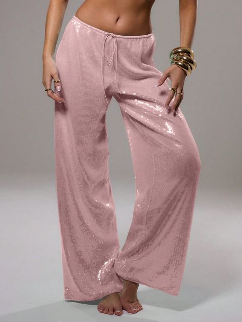 Sequin Low Rise Trousers Pink Casual   Sequins Plain Straight Leg Non-Stretch  Women Clothing, size features are:Bust: ,Length: ,Sleeve Length: Pink Glitter Pants, Glitter Pants, Low Rise Trousers, Trendy Fits, Rose Bonbon, Low Waisted, Pink Outfit, Fashion Inspo Outfits, Party Outfit