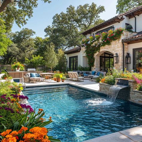 19+ Chic Pool Landscaping Designs to Elevate Your Outdoor Space • 333+ Images • [ArtFacade] Mediterranean Pool Landscape, Spanish Style Pool, Farmhouse Swimming Pool, Mediterranean Pool Design, French Colonial Homes, Tropical Pool Landscaping, Pool Landscaping Ideas, Terrace Pool, California Pools