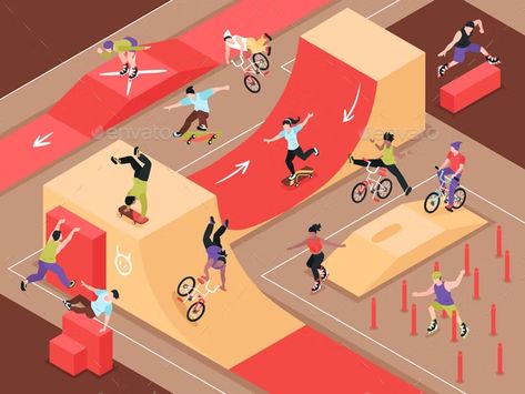 Extreme Urban Sport Isometric Background by macrovector | GraphicRiver Isometric Background, Riding Skateboard, Skate Ramp, Urban Sport, Active Design, Affiliate Background, Skate Party, Isometric Art, Isometric Design