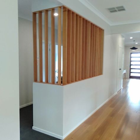 Batten Room Divider, Mid Century Half Wall, Kitchen Divider Ideas Half Walls, Nook Off Kitchen, Vertical Slats Wall, Half Wall Room Divider, Wooden Partition Design, Minimalist Furniture Design, Modern Room Divider