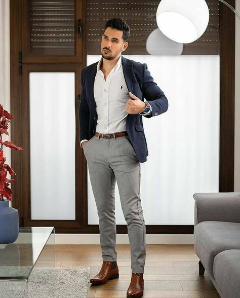 Stepping into Style: Chelsea Boots Men Outfit Trends 2023 Mens Semi Formal Wear, Custom Dress Shirts, Mens Dress Outfits, Blazer Outfits Men, Mens Business Casual Outfits, Formal Men Outfit, Mens Fashion Blazer, Mens Casual Outfits Summer, Men Fashion Casual Shirts