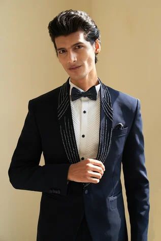 Tuxedo Lapel Types, Linear Embroidery, Navy Blue Tuxedo, Embroidery Shirt Men, Tuxedo Suit For Men, Navy Tuxedo, Groom Suit Black, Groom Tuxedo Wedding, Suit For Men Wedding