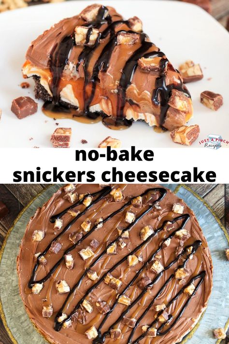 Snickers No-Bake Cheesecake recipe Chocolate Graham Cracker Crust, Snickers Cheesecake, Chocolate Graham Crackers, Cracker Crust, Easy No Bake Desserts, Bake Desserts, Cake Bars, Pie Pan, Baked Dessert Recipes