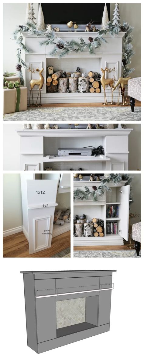 10 Best Living Room Builds for Beginners | DIY Project Ideas |Room Decor Mantle With Hidden Storage, Storage Mantle, Build A Faux Fireplace, Faux Fireplace Mantle, Fireplace Inspiration, Fake Fireplace, Fireplace Update, Faux Fireplace Diy, Basement Living