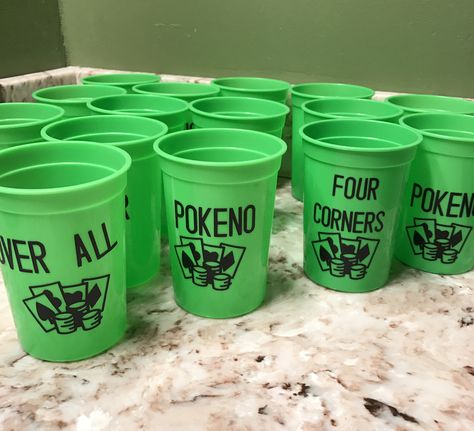 Pokeno game night cups, you have to know the game to understand the cups Pokeno Party Ideas Game Night, Pokeno Game Night, Pokeno Game, Backyard Parties, Casino Party Decorations, Parties Ideas, Card Party, Diy Baby Shower Gifts, Pokemon Party