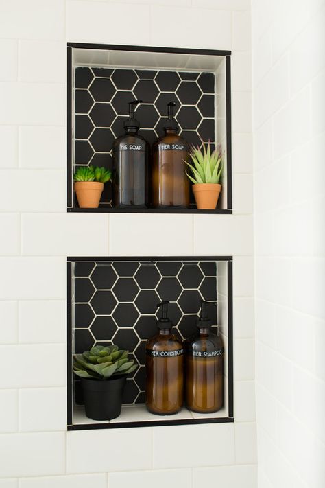 Black and white shower niches Tiled Bathroom, Shower Niche, Master Bath Remodel, Bathroom Tile Designs, Hexagonal Mosaic, White Shower, Subway Tiles, Bathroom Remodel Shower, Downstairs Bathroom