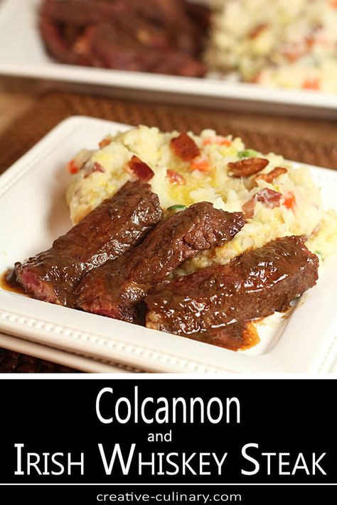 Cabbage and Bacon Colcannon with Irish Whiskey Steak is rich with flavor and history; it's a favorite dish to serve for St. Patrick's Day. Irish Whiskey Recipes Food, Irish Steak Recipes, Irish Food Traditional, Whiskey Steak, Fall Treats Recipes, Steak Dinners, Culinary Food, Colorado Food, Irish Cooking