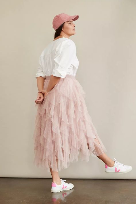 The Chéri Ruffled Tulle Midi Skirt by Anthropologie | Anthropologie Valentine Outfits For Women, Classic Red Dress, Tulle Skirts Outfit, Pastel Skirt, White Sneakers Outfit, Pink Midi Skirt, Tulle Midi Skirt, Valentines Outfits, Ballet Dancer