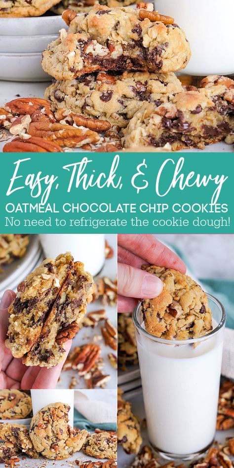 Thick Oatmeal Chocolate Chip Cookies with Quaker Oats and Pecans! Bakery Style Large and Chewy Cookie Chocolate Chip Oatmeal Cookies are the perfect cookie dessert recipe packed with add-ins for thick bakery style cookies! #lemonpeony #bakerystyle #oatmealchocolatechip #cookierecipe #desserts #cookies