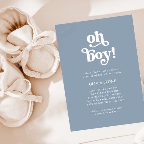 $2.77 | Boho Retro Dusty Blue | Oh Boy Baby Shower | Baby Shower Invitations | boho, retro, simple, white typography, baby shower, dusty blue, oh boy, baby boy, light blue and white, elegant Boho Baby Boy, Baby Boy Invitations, Retro Black And White, Blue Baby Shower Invitations, White Baby Showers, Boho Baby Shower Invitations, Simple Baby Shower, White Typography, Blue Baby Shower