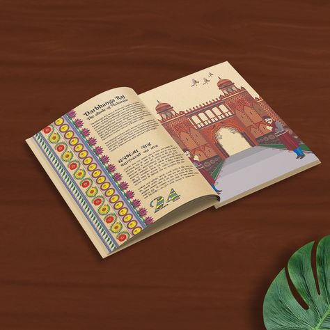 The tale of Mithila is a coffee table book that compiles the art, culture, traditions, personalities and history of the Mithlanchal region of Bihar. 

The Book has been designed by Loons for a 3-Star hotel.

The cover of the book is Mithila art. Every page has borders of the art drawn digitally. 

The page layout is rustic to give the age-old texture of manuscripts. 

The fonts used in the book are bold and designed with Mithila art. 

The choice of colors is vibrantly inspired by the art form. Indian Layout Design, Chapter Page Design Layout, History Book Layout Design, Coffee Table Book Layout Design, Creative Brochure Layout, Coffee Table Book Cover, Coffee Table Book Layout, Floral Painting Videos, Contents Page Design