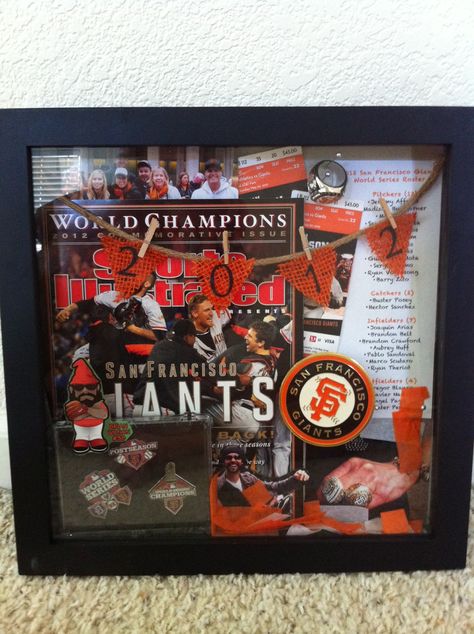 . Football Shadow Box Ideas, Sports Shadow Boxes, Shadow Box Ideas, Senior Day, Boxing Coach, Sf Giants, Craft Stuff, Letter Design, Picture Collage