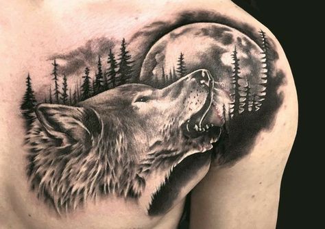 Wolf Chest Tattoo Men, Tattoo Chest And Shoulder, Eagle Tattoo Forearm, Chest Tattoo Wolf, Wolf Face Tattoo, Wolf And Moon Tattoo, Lone Wolf Tattoo, Outdoor Tattoo, Rocket Tattoo