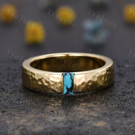 Mens Turquoise Wedding Band Baguette Cut Turquoise Band 5mm Solid Gold Ring Mens Hammered Stacking Matching Band Retro Vintage Ring Gift Anniversary Ring Gift for mens ITEM SPECIFICATIONS:  Material:925 sterling silver ,rose gold plated,yellow gold plated,white gold plated Solid gold (10k 14k 18k rose gold,yellow gold,white gold available) Platinum Main stone: 5x2.5mm baguette cut natural Turquoise band width:5mm Size and color can be choice.Handmade fine jewelry. Our Service: All sizes available,please feel free to contact me if you need another ring sizes. Craft Period:Because all of rings are handmade to orders,it takes about 13-15 business days to make (not include weekend) and 3-5 business days for arrival,thanks for your understanding. Rush Order:We offer rush order service,it takes Mens Wedding Ring Sapphire, Mens Turquoise Rings Silver, Turquoise Mens Wedding Ring, Turquoise Ring Men, Modern Mens Wedding Rings, Ring Designs For Men, Wedding Band Baguette, Mens Turquoise Rings, Turquoise Wedding Rings