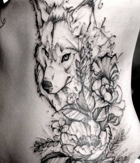 Wolf Flower Tattoo, Sketchwork Tattoo, Thigh Tat, Tattoo Wolf, Wolf Sketch, Flower Tattoo Drawings, Tattoo Zeichnungen, Flower Tattoo Shoulder, Inspiration Tattoos