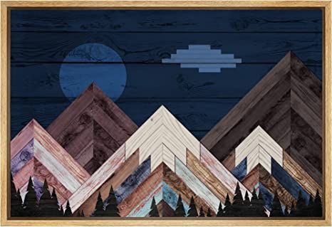 SIGNWIN Framed Canvas Print Wall Art Blue Moon Night Sky Over Mountain Forest Nature Wilderness Wood Panels Modern Art Rustic Landscape Relax/Calm for Living Room, Bedroom, Office - 16"x24" Natural Geometric Mountain, Sky Mountain, Mountain Forest, Scenery Pictures, Nature Artwork, Picture Gifts, Moon Night, Night Art, Canvas Art Wall Decor