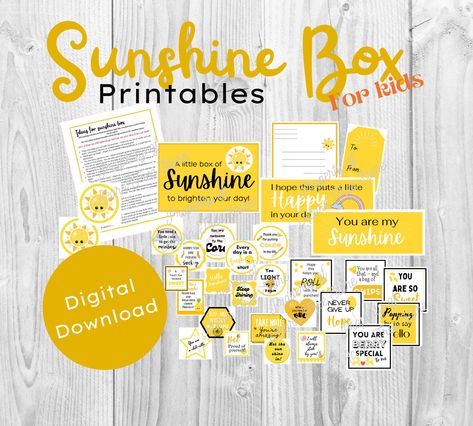 Excited to share the latest addition to my #etsy shop: Sunshine box for kids printables https://etsy.me/30ZphA8 #yellow #sunshineboxkids #sunshinegift #sunshinebox #boxprintable #giftprintable #sunshinekids #sunshineboxes #sunshinetags Sunshine Box Printable Free, Sunshine Box Quotes, A Box Of Sunshine, Box Of Sunshine Printable Free, Yellow Box Of Sunshine Gift Ideas, Sunshine Care Package, Box Of Sunshine, Yellow Gifts, Employee Appreciation Gifts