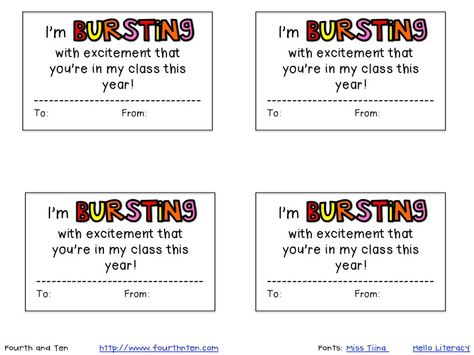 Beginning of year student treat for school. I'm Bursting with excitement that you're in my class this year! Fill with Starburst candy and give out at meet the teacher night.  She even has a free printable!! Student Treats, Welcome To School, First Day Of School Activities, Back To School Night, School Treats, School Opening, Bag Topper, End Of School Year, Meet The Teacher