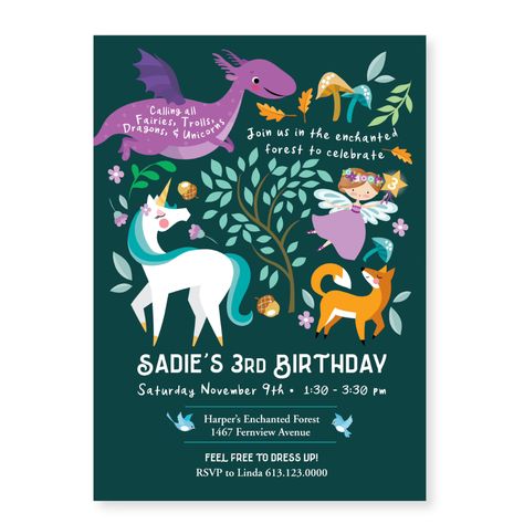 Mythical Creature Party, Enchanted Forest Invitation, Magical Birthday Invitations, Forest Birthday Invitations, Enchanted Fairy Garden Party Invitation, Woods Party, Unicorn And Dinosaur Party Invitations, Enchanted Four-est Party Invitations, Forest Princess