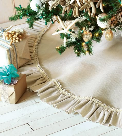 coastal Christmas Diy Christmas Tree Skirt, Burlap Tree Skirt, Burlap Trees, Skirt With Fringe, Burlap Christmas Tree, Traditional Holiday Decor, Diy Burlap, Christmas Tree Skirts, Burlap Christmas