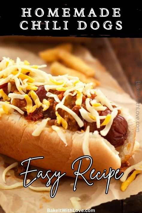 These chili dogs are an American classic featuring toasted buns and grilled hot dogs that are smothered with bold, delicious chili! Grab some shredded cheese, and get ready to kick back and enjoy! You'll want to serve them at your next backyard cookout for a meal that everyone will be talking about! BakeItWithLove.com Chili For Chili Dogs, Best Chili Dogs Recipe, Hot Dog Soup, Dutch Oven Chili, Chili Dog Sauce, Cincinnati Chili Recipe, Grilled Hot Dogs, Chili Dog Chili Recipe, Hotdog Chili Recipe