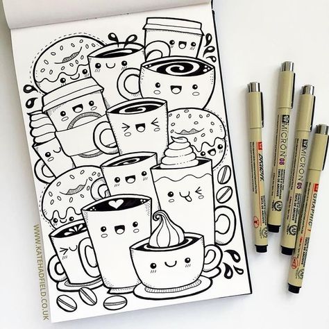 Kawaii coffee sketchbook drawing for IF Draw A Week by Kate Hadfield | sketchbook drawing | kawaii art Coloring Kawaii, Griffonnages Kawaii, Kawaii Coffee, Arte Doodle, Drawing Hands, 그림 낙서, Doodle Art Journals, Doodle Art Drawing, صفحات التلوين