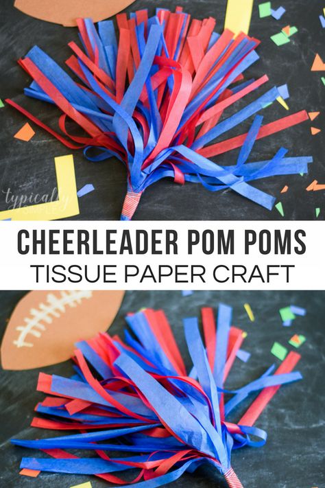 Tissue paper crafts are great for practicing scissors skills, plus it is such an inexpensive craft supply that can be used for so many craft projects. The kids can show their spirit by making these simple tissue paper cheerleader pom poms in their favorite team colors! #football #craftsforkids #tissuepapercrafts #kidspiration #simplecrafts #teamspirit #typicallysimple Sport Themed Crafts, Scissors Skills, Olympic Crafts, Tissue Paper Craft, Football Crafts, Tissue Paper Crafts, Arts And Crafts Storage, Arts And Crafts For Teens, Summer Camp Crafts