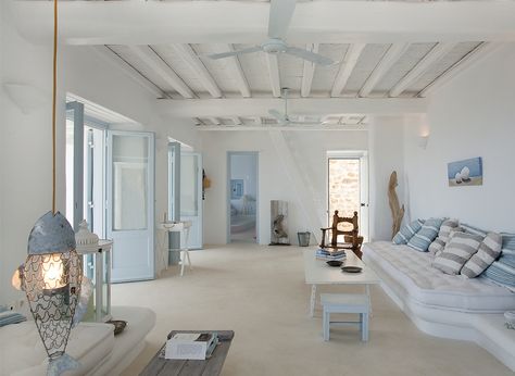 White Stucco Creates An Inspiring Vision Mediterranean Style Interior, Villa Bedroom, White Villa, Mediterranean Interior Design, Mykonos Villas, Greek Decor, Mediterranean Interior, Greek House, Mediterranean Decor