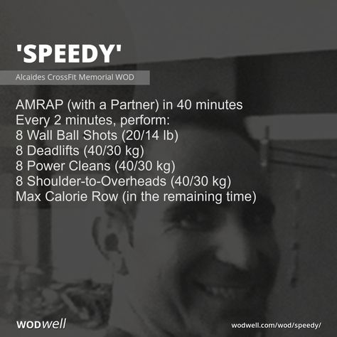 "Speedy" Workout, CrossFit WOD | WODwell - AMRAP (with a Partner) in 40 minutes; Every 2 minutes, perform:; 8 Wall Ball Shots (20/14 lb); 8 Deadlifts (40/30 kg); 8 Power Cleans (40/30 kg); 8 Shoulder-to-Overheads (40/30 kg); Max Calorie Row (in the remaining time) Crossfit Engine Workout, 30 Minute Crossfit Workout, Glute Wod Crossfit, Wallball Workout Crossfit, Hero Crossfit Workouts, Crossfit Emom Wod, Partner Workouts Crossfit, Crossfit Wod With Dumbbells, Team Workouts Crossfit