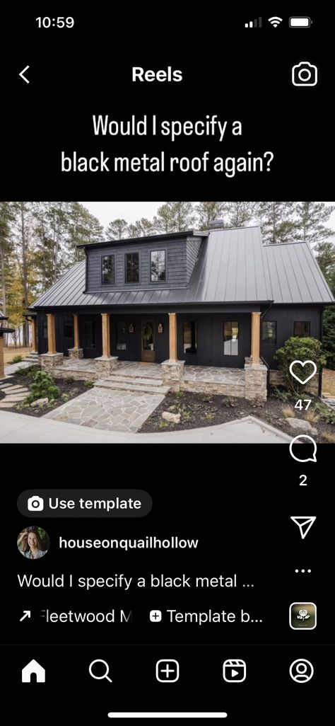 Black House Exterior Metal Roof, Black House Metal Roof, Black Metal Roof, Black Houses, Black Farmhouse, Dream Life House, Exterior Renovation, Tin Roof, Exterior Remodel