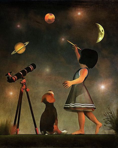 Telescope Drawing, Girl And Her Dog, Children Images, Telescopes, Art Drawings For Kids, Creative Drawing, Elements Of Art, Childrens Art, Acrylic Prints