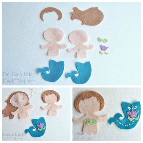 Mermaid Doll Pattern, Sewing With Kids, Mermaid Felt, Felt Mermaid, Red Ted Art, Felt Craft Projects, Felt Sewing, Baby Mobil, Felt Animal Patterns