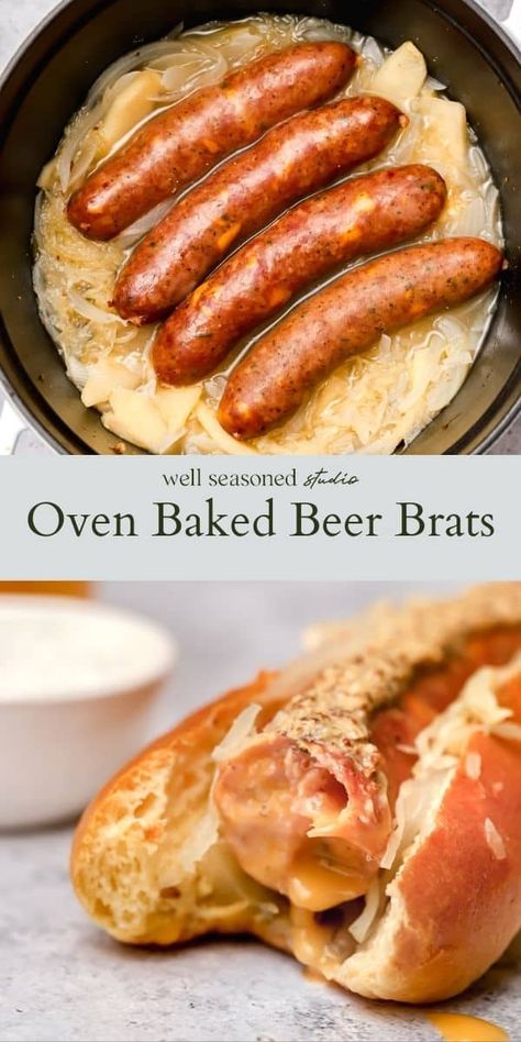 Beer Brats And Sauerkraut, Oven Baked Brats, Brats In The Oven, Brats And Sauerkraut, How To Cook Bratwurst, Beer Bratwurst, Multicultural Recipes, How To Cook Brats, Brats Recipes