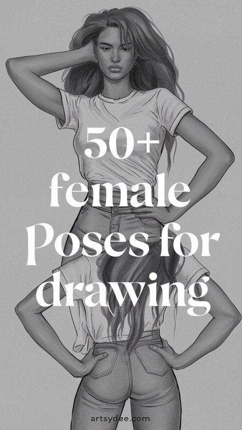 Confident woman posing with hands on hips, promoting over 50 female drawing poses. Dynamic Female Pose Reference Drawing, Simple Poses Reference, Pose References For Drawing, Dynamic Female Poses, Female Pose Drawing, Reference Images For Artists, Female Drawing Poses, Gesture Drawing Poses, Standing Posture