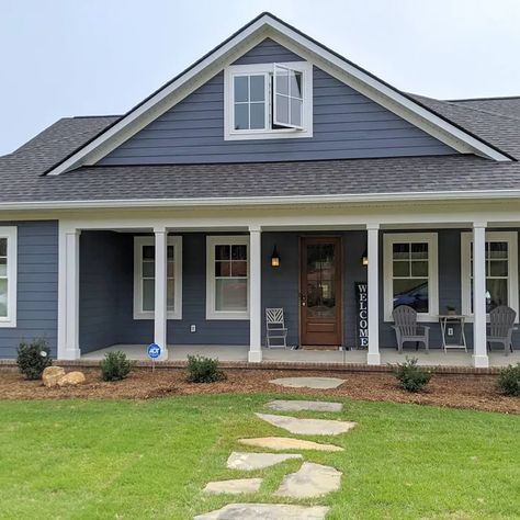 Blue House Silver Metal Roof, Sw Granite Peak Exterior, Gray Roof House, Sherwin Williams Granite Peak, Blue Home Exterior, Blue House Exterior, Cottage House Exterior, Exterior Gray Paint, Board And Batten Exterior