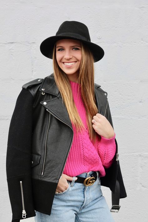 Hot Pink sweater, spring outfit inspiration, black hat outfit, leather jacket, gucci belt and Levis jeans Black Hat Outfit, Pink Gucci Belt, Hot Pink Jumper, Red Gucci Belt, Pink Sweater Outfit, Outfit Leather Jacket, Hot Pink Sweater, Hat Outfit, Pink Jumper