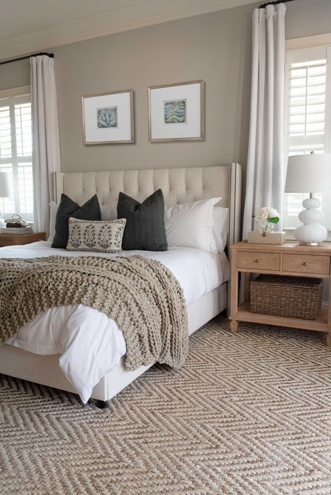 Neutral Bedroom White Bed, Bedroom Ideas Timeless, Neutral Navy Bedroom, Serene Master Bedrooms Decor, Coastal Neutral Bedroom, Charleston Bedroom Ideas, Guest Bedroom Ideas Blue, Blue And Neutral Bedroom, Neutral Master Bedrooms Decor