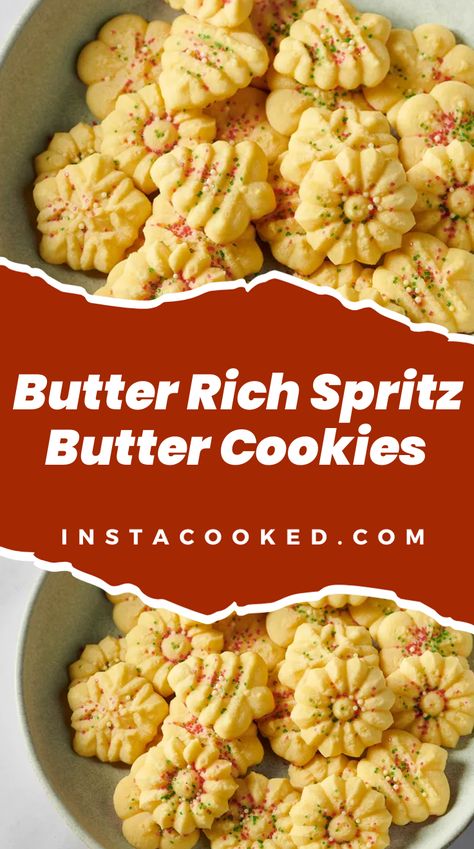 Image of Butter Rich Spritz Butter Cookies, beautifully shaped and delicately golden-brown, arranged on a festive cookie plate. These classic holiday favorites are made with butter, confectioners’ sugar, and flavored with almond and vanilla extracts. Decorated with care, they showcase intricate patterns created using a cookie press, perfect for festive occasions and sharing with loved ones. Butter Cookie For Cookie Press, Butter Cookie Recipe For Cookie Press, Pressed Butter Cookies, Peanut Butter Spritz Cookies, German Spritz Cookies, Pampered Chef Cookie Press Recipes, Butter Press Cookies Recipe, Pampered Chef Spritz Cookies Recipe, Cookie Press Dough Recipe