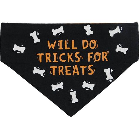 This Primitives by Kathy reversible cotton linen blend collar bandana features a "Will Do Tricks For Treats" sentiment and dog bone designs on one side, and "Happy Howl-oween" sentiment with festive striped design on the other. Bandana easily slides around standard collars to easily change designs. Machine-washable. Availale for small to large dogs. Product Description: Material: Cotton, Linen Artist: Cathy Heck Studios Machine-washable Sizing: Small: 7.50" x 5" Large: 11.50" x 8.50" Dog Boutique Ideas, Dog Bandana Diy, Bandanas Diy, Halloween Dog Bandana, Diy Dog Collar, Dog Salon, Bandana Design, Dog Projects, Primitives By Kathy