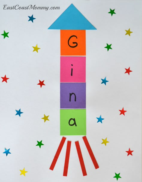 Letter R craft - R is for Rocket. (It's a great way to practice name recognition too!) Letter R Activities, Preschool Letter Crafts, All About Me Crafts, Transportation Crafts, All About Me Preschool, Name Crafts, Preschool Projects, Alphabet Crafts, Preschool Letters