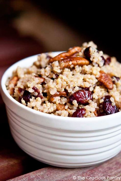 4 cups cooked quinoa, cooked with unsweetened almond milk, cooled* 1 cup juice sweetened, dried cranberries 1 cup pecan pieces 1/2 tsp. cinnamon 2 tbsp. honey 4 tbsp. fresh lemon juice Quinoa Recipes, How To Cook Quinoa, Dried Cranberries, Clean Recipes, Clean Eating Recipes, A Bowl, Quinoa, Real Food Recipes, Breakfast Brunch