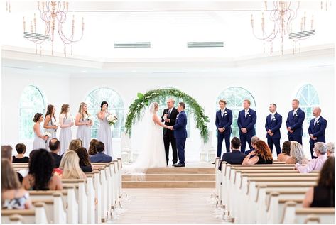 Harborside Chapel wedding ceremony. Bride and Groom exchanging vows. Greenery archway centerpiece for bride and grooms nuptials. Brittany Pannebaker Photography. #chapelwedding #tampaflorida #greenery Greenery Archway, Harborside Chapel, Chapel Wedding Ceremony, Summer Wedding Photos, Tampa Wedding, White Magnolia, Bay Wedding, Ceremony Venue, Chapel Wedding