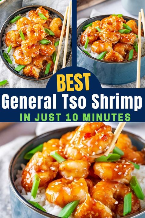 This General Tso Shrimp takes 10 minutes to make and comes together in one pan! The general tso sauce that coats the shrimp is sweet, slighlty spicy, and loaded with flavor. Shrimp General Tso, General Tao Shrimp, General Tso Shrimp Recipe, General Tso Shrimp And Broccoli, Mongolian Shrimp Recipes, Panda Express Shrimp Recipes, Panda Express Spicy Shrimp, Asian Shrimp Recipes Chinese Food, General Tso Shrimp