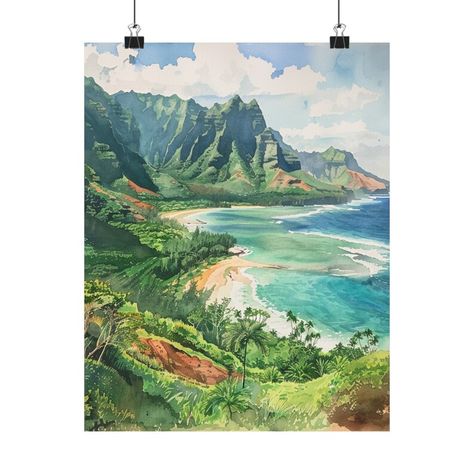 Kauai Art Print, Hawaii Painting, Hanalei Bay Artwork, Watercolor Print, Lush Green Mountains and Seascape, Travel Poster, Travel Gift Kauai Art, Hawaii Mountains, Hawaii Art Print, Hawaii Painting, Art Plage, Artwork Watercolor, Hawaii Art, Hanalei Bay, Hawaiian Art