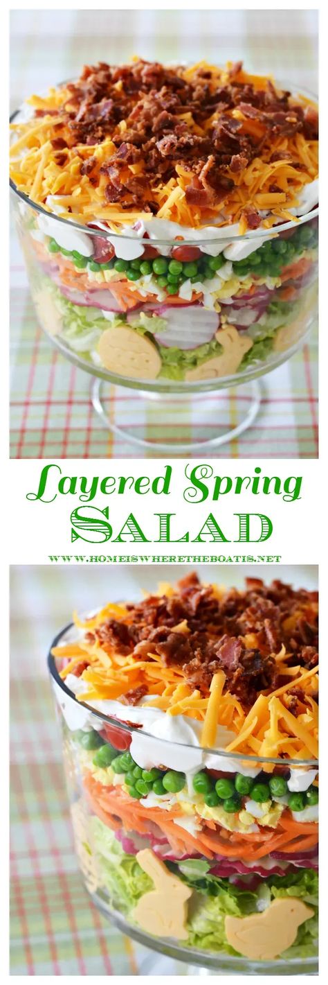 Layered Spring Salad | ©homeiswheretheboatis.net #Easter #spring #salad #makeahead #recipes Easter Salad Recipes, Easter Salad, Easter Dinner Menus, Seven Layer Salad, Easter Side Dishes, Easter Dishes, Easter Lunch, Easter Menu, Easter Dinner Recipes